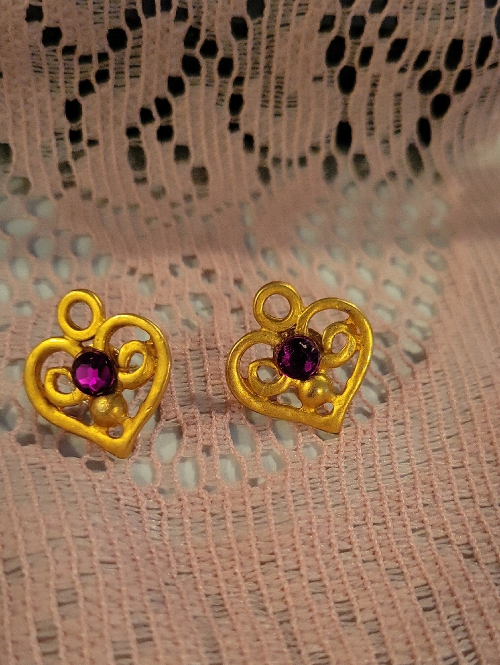 Gold Heart Charm Earrings with Purple Gem